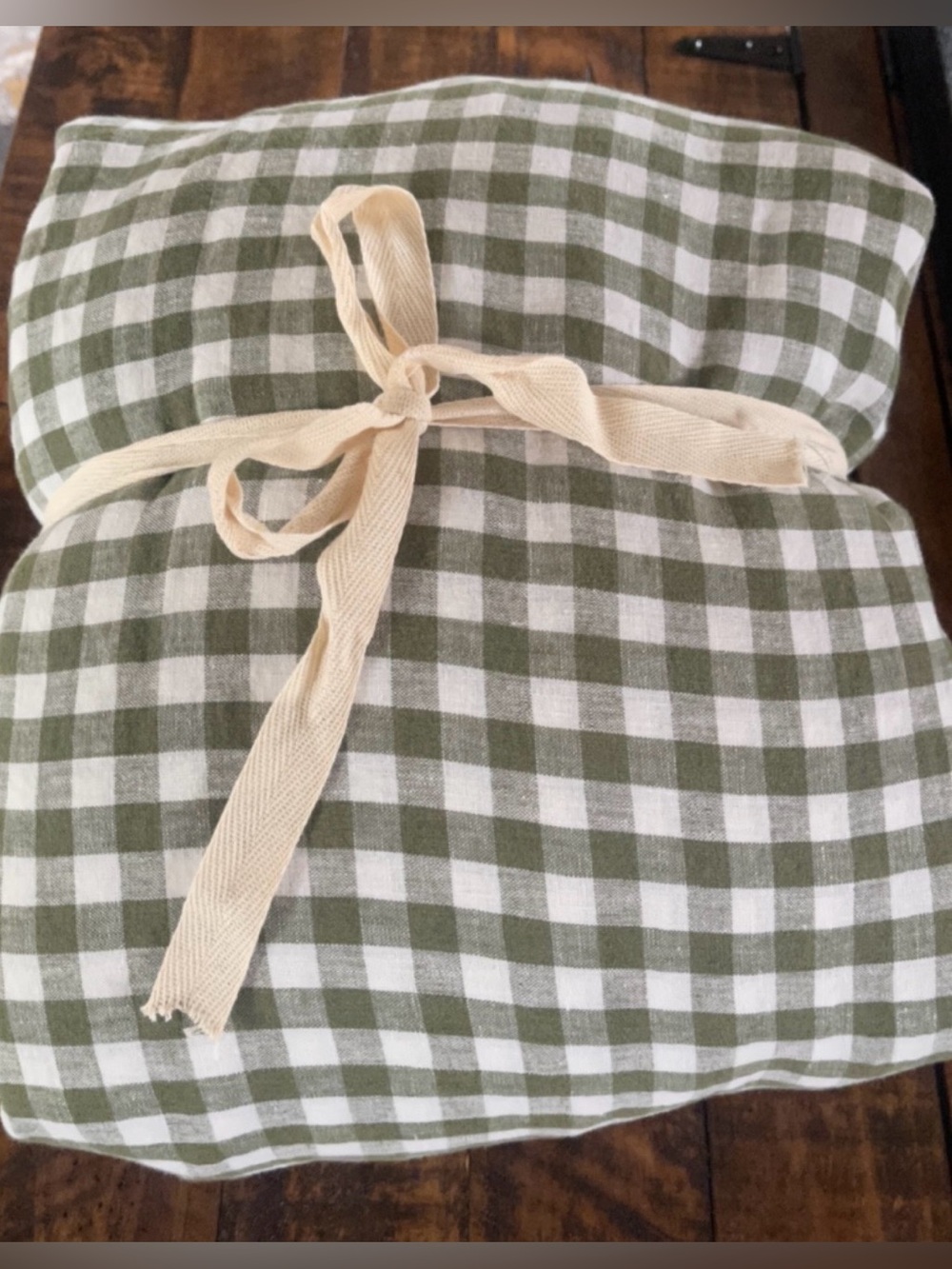 Quince European Linen Gingham 4 Piece Sheet Set, King (Olive)